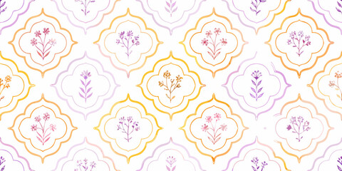 Seamless watercolor pattern of delicate floral motifs within quatrefoil frames in pastel purple and orange hues