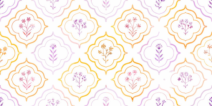 Seamless watercolor pattern of delicate floral motifs within quatrefoil frames in pastel purple and orange hues