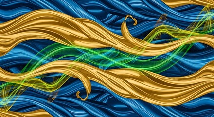 Abstract golden waves and blue background with green lines.