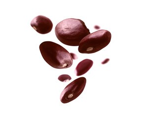 Red beans levitate on a white background