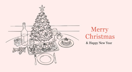 Delightful Christmas Eve feast illustration featuring festive food, presents, and wine near a decorated Christmas tree for your holiday greetings