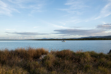 A calm seascape at golden hour, featuring a sailboat at the center of the frame. The foreground consists of dry, reedy grasses, while a line of dark hills creates a tranquil backdrop under a soft.