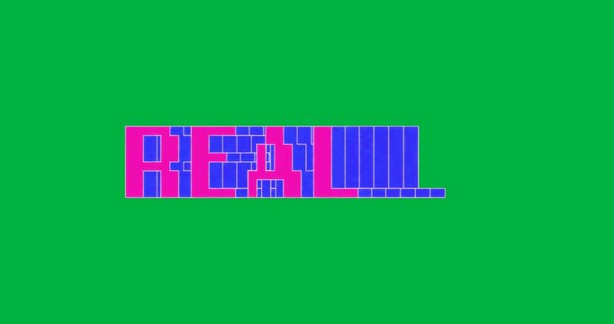 graphic designers viewing neon REAL letters on transparent backdrop, showing bold pink blue bars