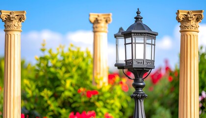 Elegant black lantern amidst garden columns and vibrant blooms