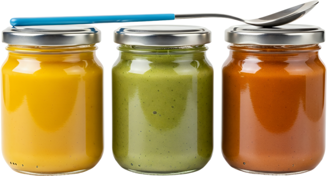 Three jars of baby food yellow green and orange with a spoon resting on top isolate meal puree organic