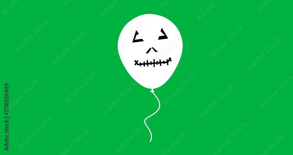 Poster balloon floating on transparent background, showing graphic design jack-o'-lantern face with string