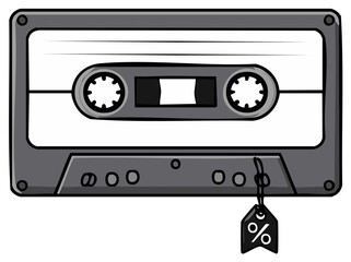 Naklejka premium Cartoon Cassette Tape with Price Tag - Retro Audio Sale Promotion
