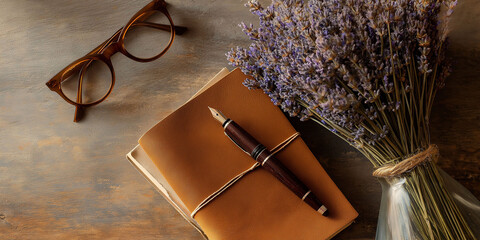 Top view of a writing environment with band flowers, a leather-covered notebook, a pen, and some paper clips.
