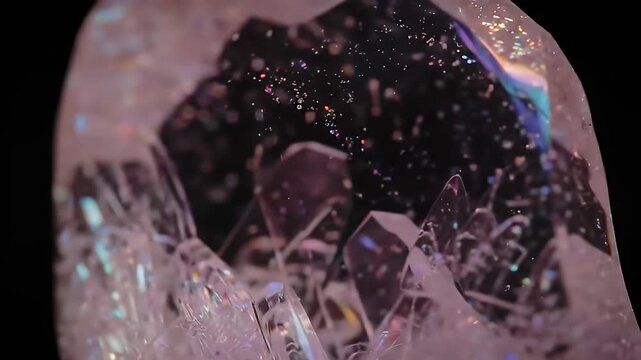 Close up of iridescent gemstone with sparkling light reflections on a black background