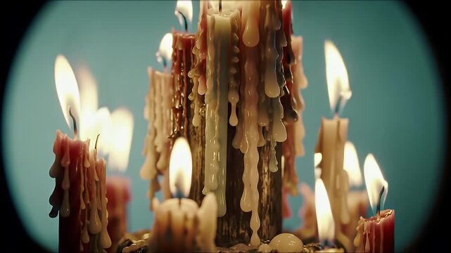 Close Up of Lit Wax Candles with Dripping Wax and Flickering Flames on Dark Background