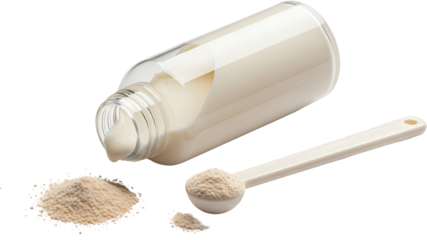 Protein powder spilling from a clear bottle onto a black surface next to a scoop isolate liquid supplement