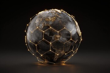 Dark globe encased in glowing hexagonal network