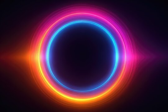 Vibrant concentric neon circles glow on a dark background