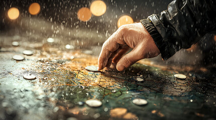 Hand placing markers on wet map, surrounded by rain and soft bokeh lights, evokes sense of exploration and adventure