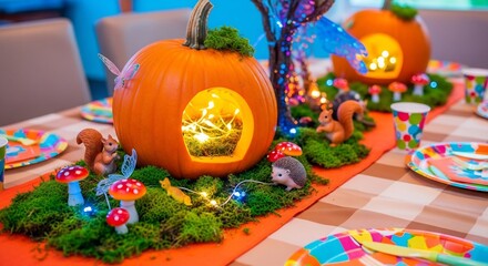 Charming Halloween decor with pumpkin fairy houses on a mossy table setting. Ideal for autumn, fairy tale themes, festive celebrations, and whimsical event design.  