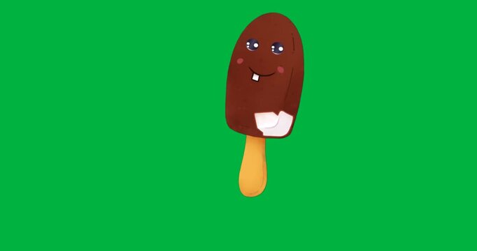 Chocolate ice cream featuring cartoon face showing bite showing food design on transparent backdrop