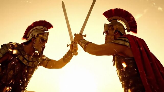 Epic Duel of Ancient Warriors Cinematic Slow-Motion Sword Clash Choreography. High quality 4k footage.
