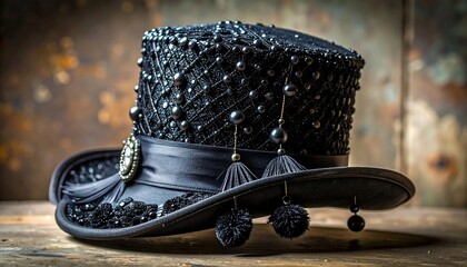 Elegant black top hat, adorned with beads, tassels, and embellishments