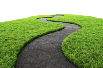 Curved gravel path through lush green grass isolated on transparent background. Winding asphalt path through green grass isolated on white background.