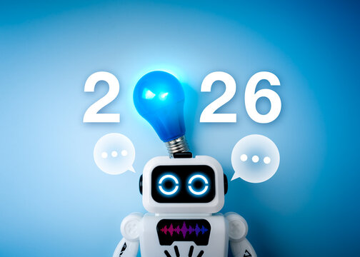 Cute AI assistant robot with glowing blue light bulb head and speech bubbles, symbolizing artificial intelligence innovation, virtual assistant and smart assistant technology trend for new year 2026.