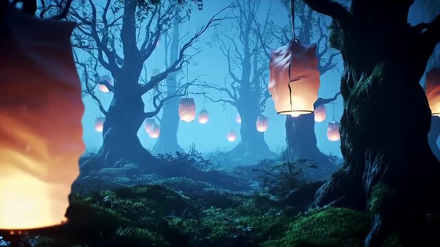 Magical Forest Landscape With Hanging Lanterns In A Dreamy Environment With Misty Background