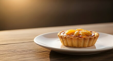 A single delicious mini tart with orange segments, bathed in golden sunlight, sits on a pristine white plate atop a rustic wooden table, creating a tempting and inviting dessert image.