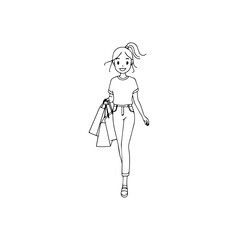 Black and white line art of a beautiful happy woman carrying shopping bags minimalist cheerful illustration