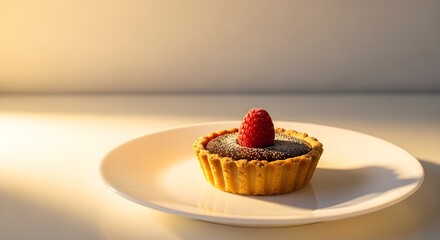 Delicious chocolate tart topped with a fresh red raspberry and dusted with powdered sugar, presented elegantly on a white plate in warm light.