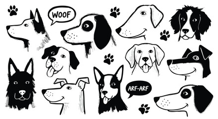 Whimsical hand-drawn dog portraits with playful expressions and paw prints, perfect for any animal lover's project.