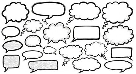 A collection of hand-drawn speech and thought bubbles, various shapes and sizes, ready for text.