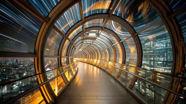 Futuristic skybridge night long exposure star trail tunnel glass metal cityscape skyline architecture futuristic tunnel walkway glass corridor night city skyline long exposure light trail star trail
