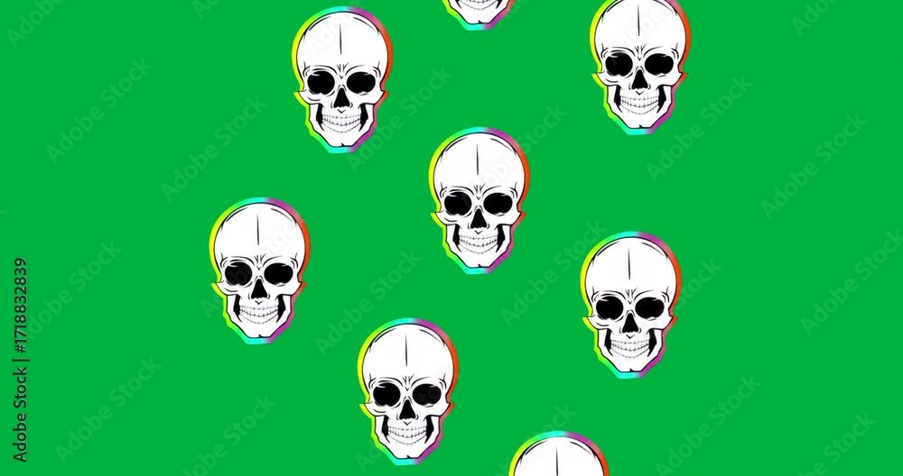 Poster skulls floating on transparent layer, showing neon rainbow gradient outlines for digital design