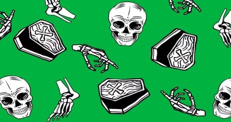 Graphic designers applying Halloween pattern on transparent background showing skulls bones coffins - Powered by Adobe