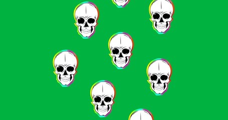 Skulls floating on transparent layer, showing neon rainbow gradient outlines for digital design - Powered by Adobe