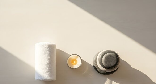 Zen still life with a rolled towel, a lit candle, and stack of smooth rocks under natural sunlight, ideal for promoting relaxation, wellness, and holistic health services. - Powered by Adobe