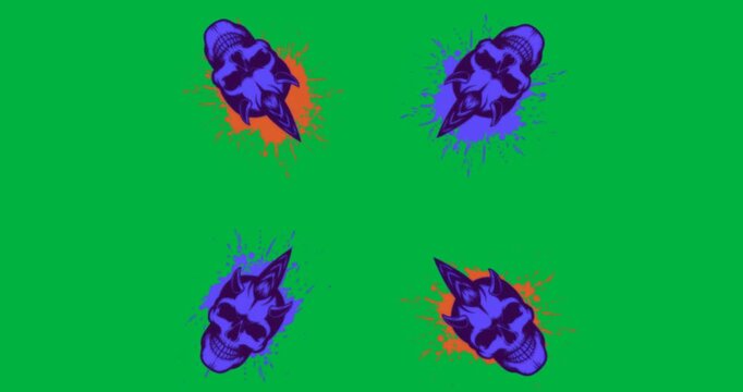 Designers showcasing demonic skull icons on transparent background with orange blue paint splatters