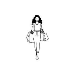 Black and white line art of a beautiful happy woman carrying shopping bags minimalist cheerful illustration