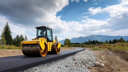 yellow steamroller compacting fresh asphalt on  winding road construction site with mountains and trees in  background