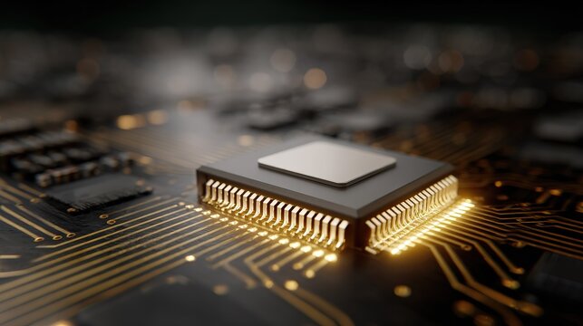 Close up abstract view of  black microchip processor on  glowing golden circuit board with intricate pathways and bokeh lights
