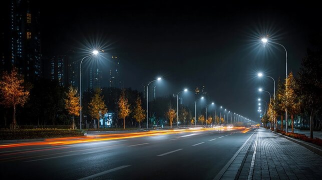 Intelligent street lighting in smart cities adjusts brightness based on pedestrian and vehicle presence, conserving energy and improving safety for nighttime travelers in urban zones.