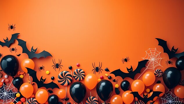 Halloween orange color background with bats and 3D ghost   