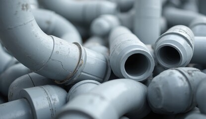 Close-up of gray PVC pipe fittings, ideal for illustrating plumbing catalogs, construction brochures, technical guides, industrial blogs, repair manuals and stock visuals