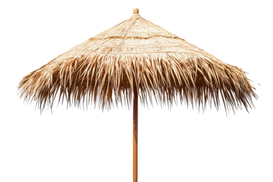 Tropical thatch umbrella parasol isolated on transparent background. Straw beach umbrella for sun protection isolated on white background. - Powered by Adobe
