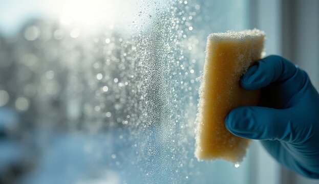 Hand in blue rubber glove cleaning glass with yellow sponge, ideal for illustrating home cleaning, hygiene, housekeeping guides, maintenance tips and stock visuals - Powered by Adobe