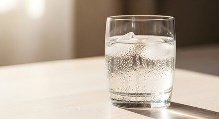 Refreshing glass of ice water with condensation, capturing a sense of hydration and well-being, ideal for promoting healthy living, spa treatments, and summer thirst-quenching campaigns.
