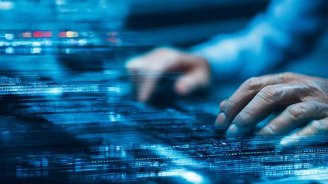 Close-up of hands typing on a keyboard with digital data streams overlaying the scene in blue tones