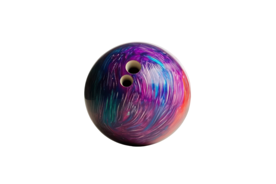Colorful bowling ball with three finger holes isolated on transparent background. Striking down pins with a bowling ball isolated on white background.
