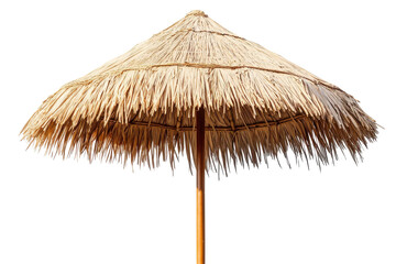 Tropical thatch umbrella parasol isolated on transparent background. Straw beach umbrella for sun protection isolated on white background.