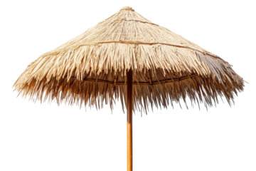 Tropical thatch umbrella parasol isolated on transparent background. Straw beach umbrella for sun protection isolated on white background.