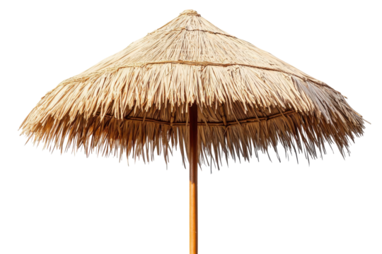 Tropical thatch umbrella parasol isolated on transparent background. Straw beach umbrella for sun protection isolated on white background.